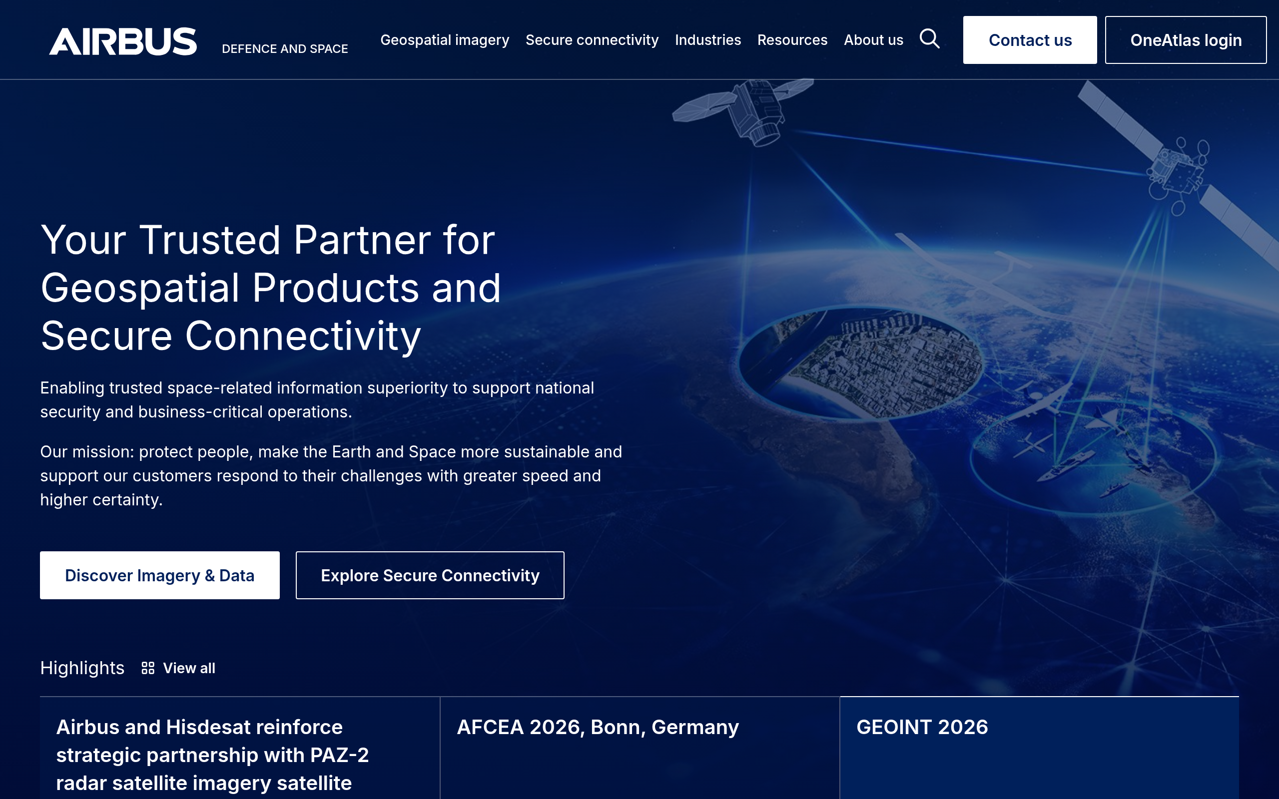 Airbus Defence and Space homepage showing geospatial imagery and secure connectivity platform