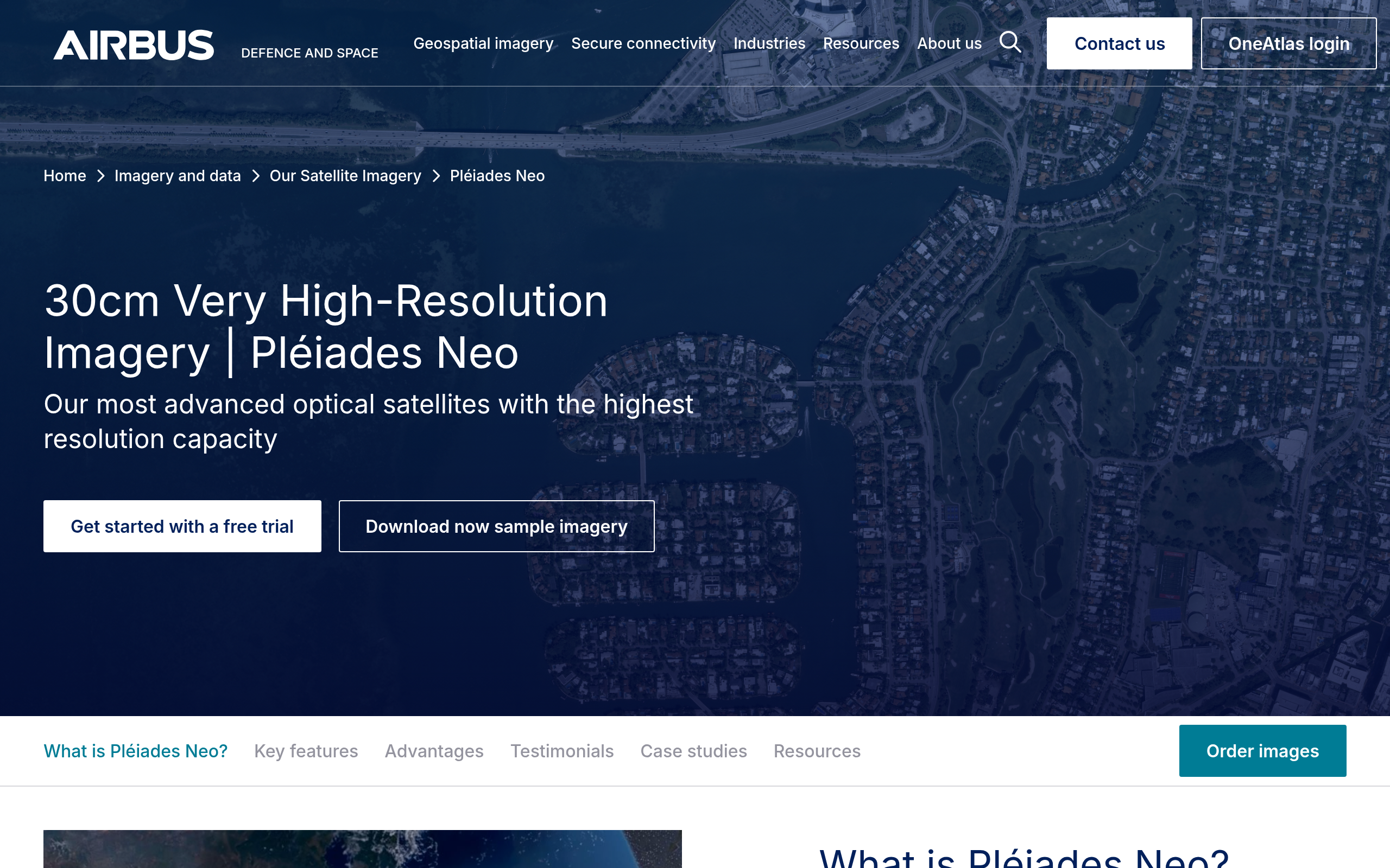 Airbus Pleiades Neo product page, 30 cm very high-resolution optical satellite imagery