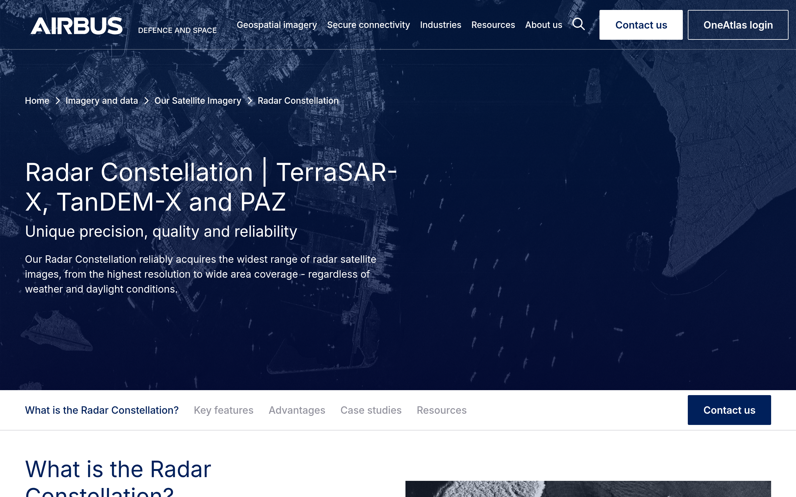 Airbus Radar Constellation product page showing TerraSAR-X, TanDEM-X and PAZ X-band SAR satellites