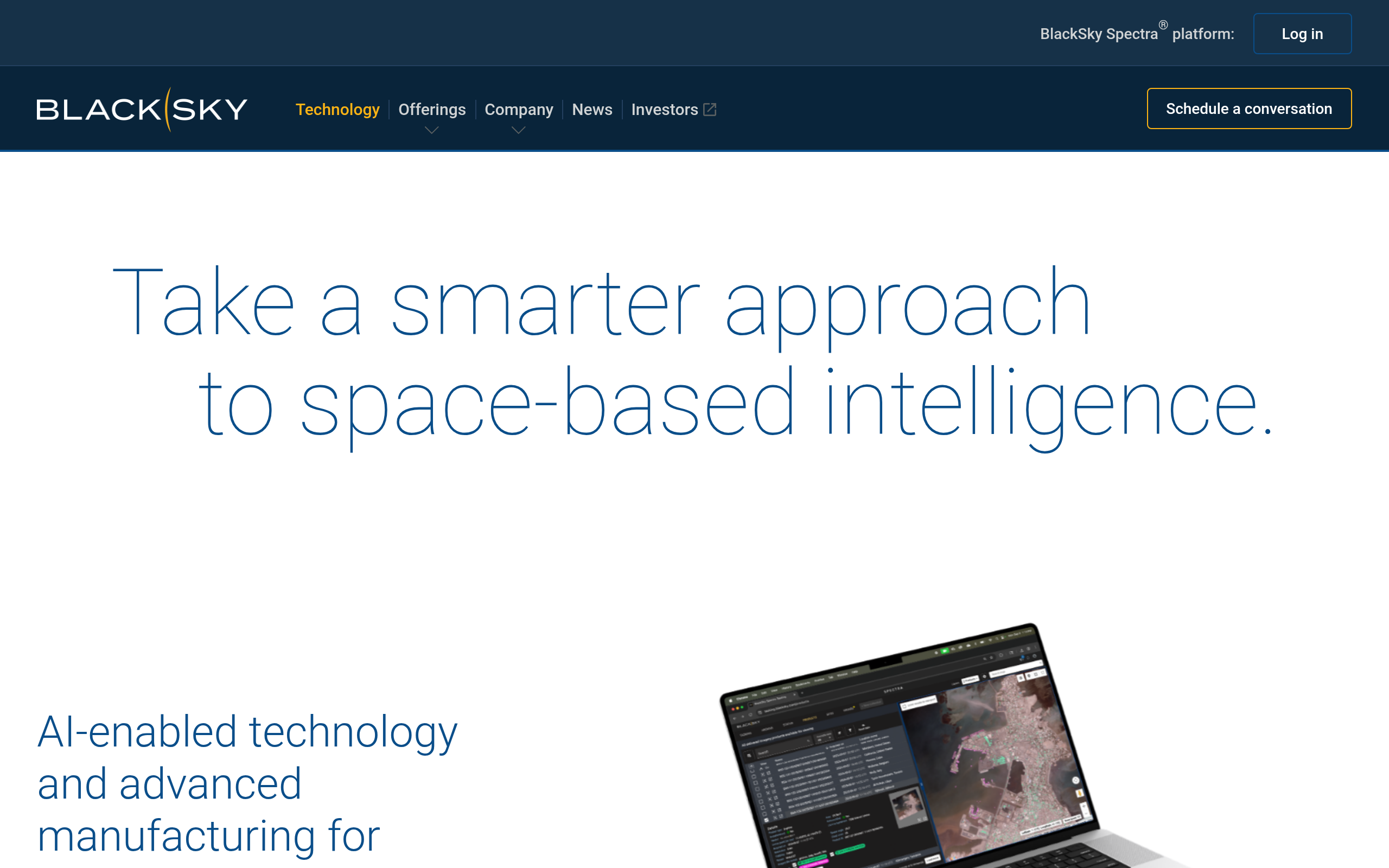 BlackSky Spectra AI technology platform with satellite imagery and AI-enabled analytics interface