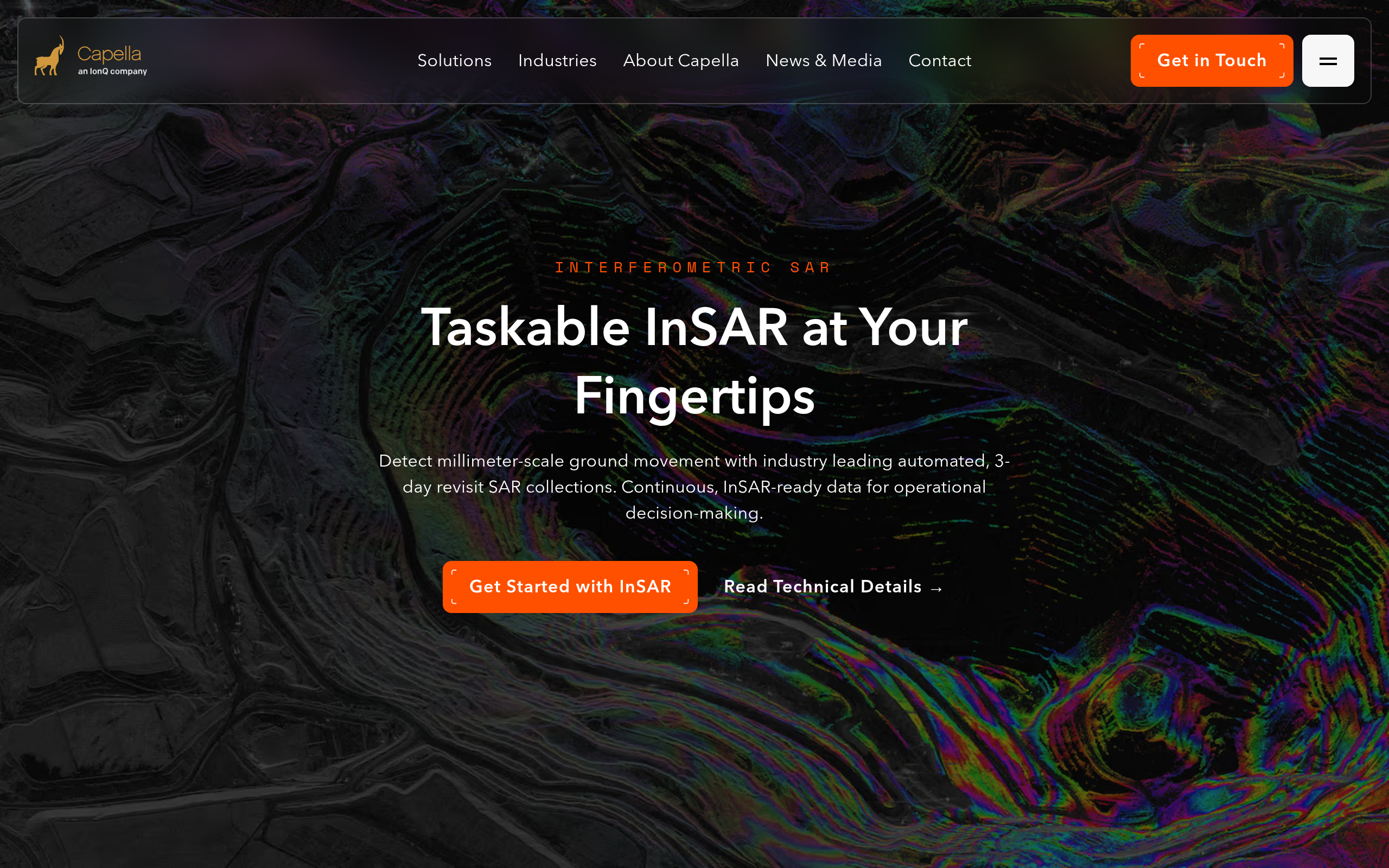 Capella Space commercial InSAR service page with interferometric SAR visualization for ground deformation monitoring