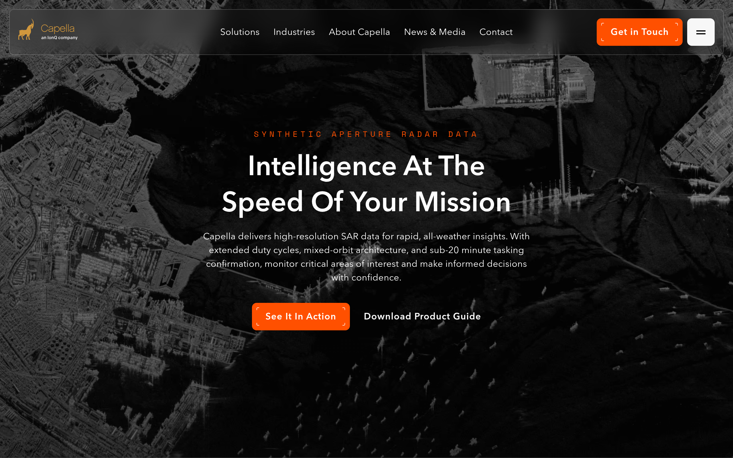 Capella Space SAR data product page showing high-resolution X-band radar imagery with port scene