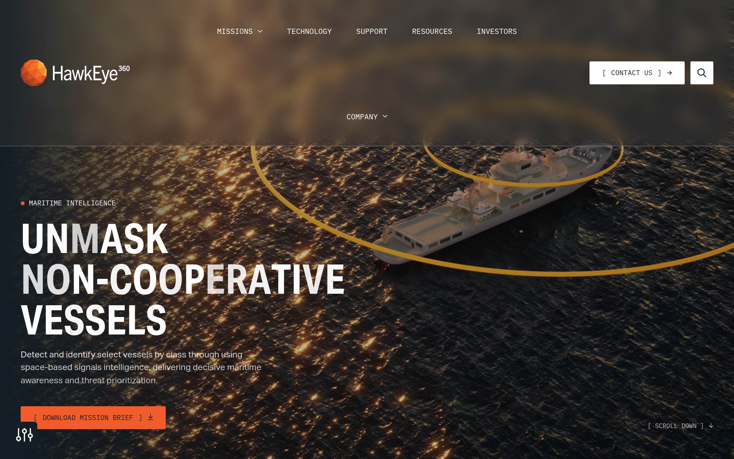HawkEye 360 Maritime Intelligence page showing dark vessel detection with space-based RF signals