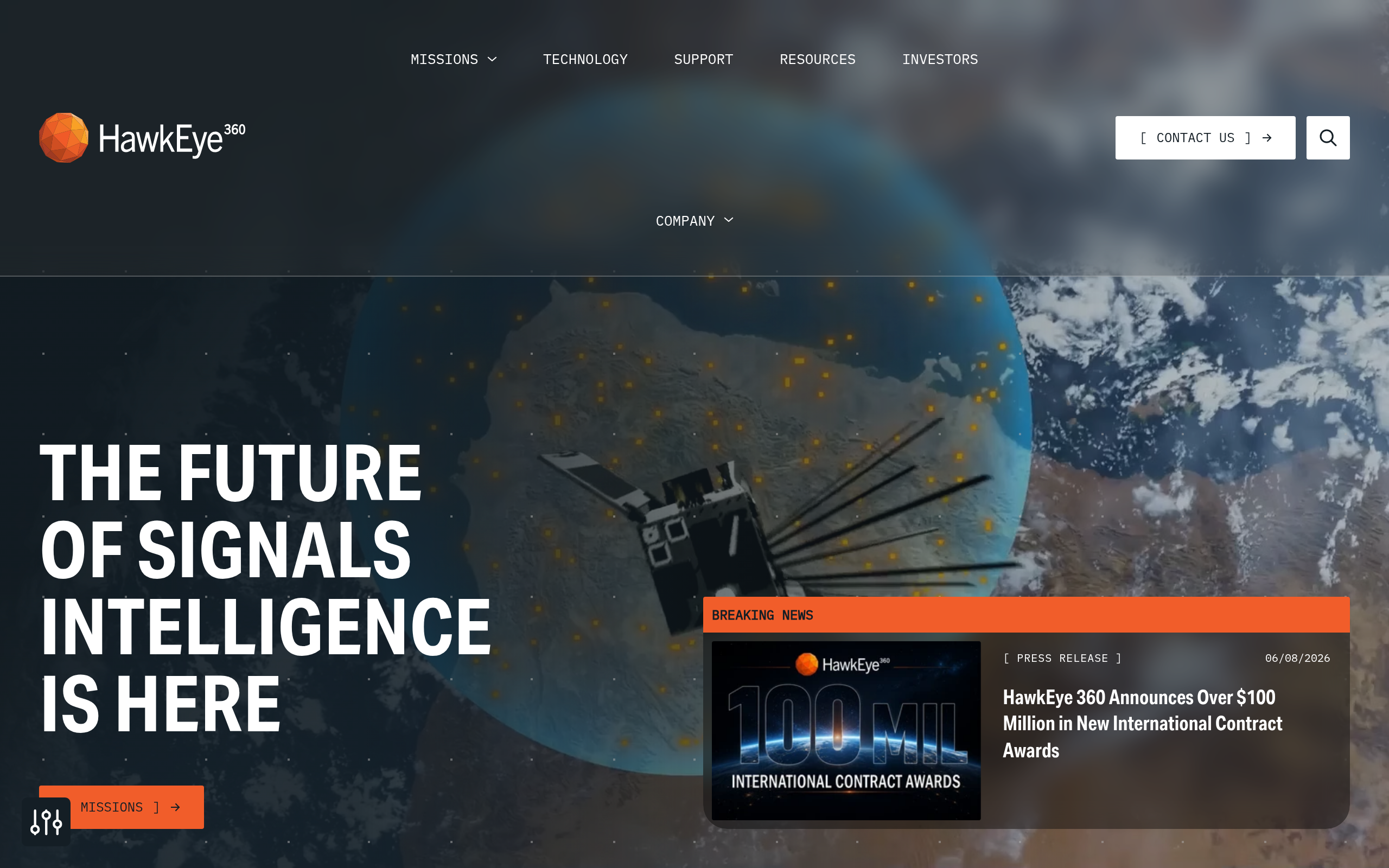 HawkEye 360 homepage showing its signals intelligence satellite constellation platform