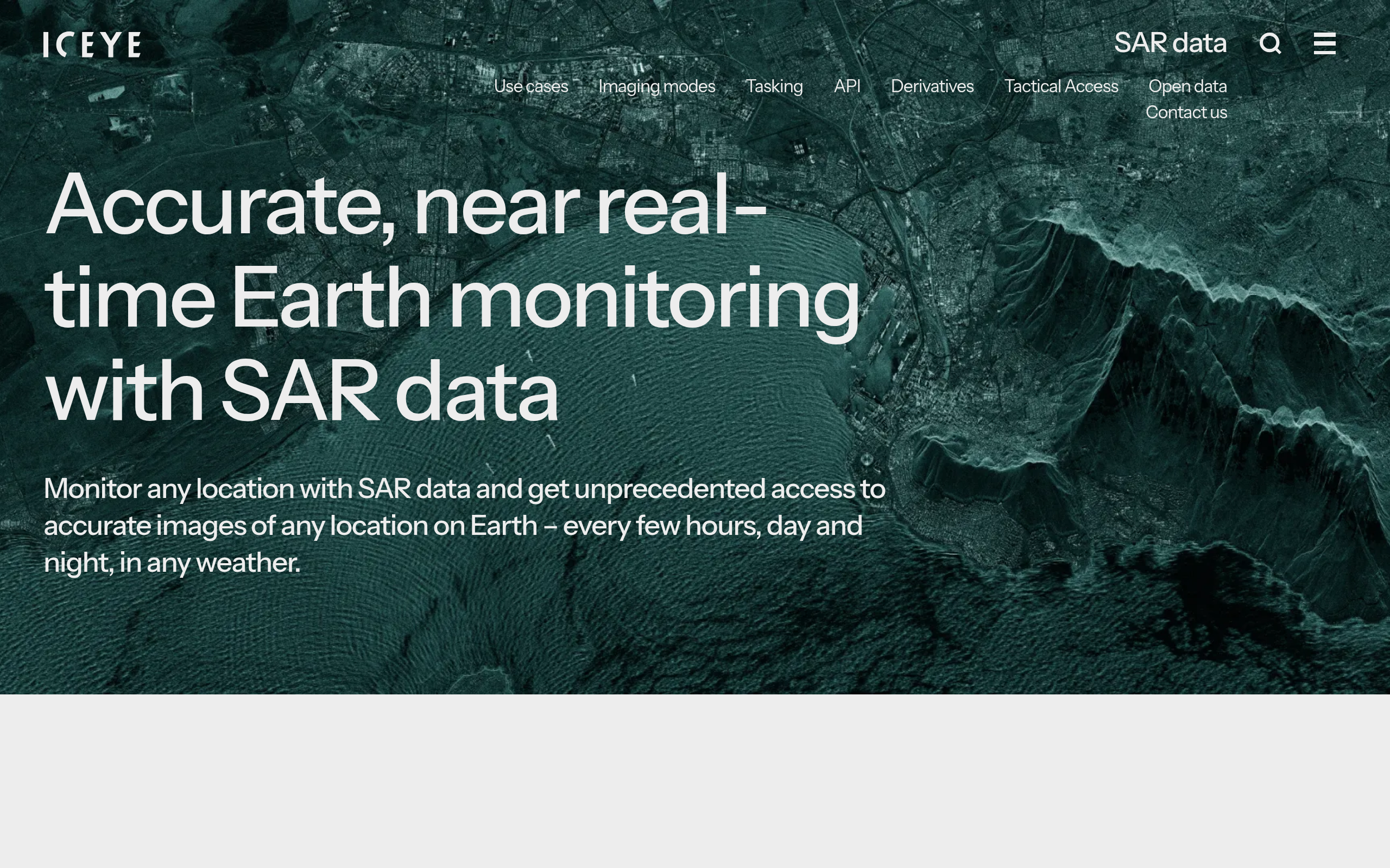 ICEYE SAR data page showing near real-time Earth monitoring capabilities with X-band radar
