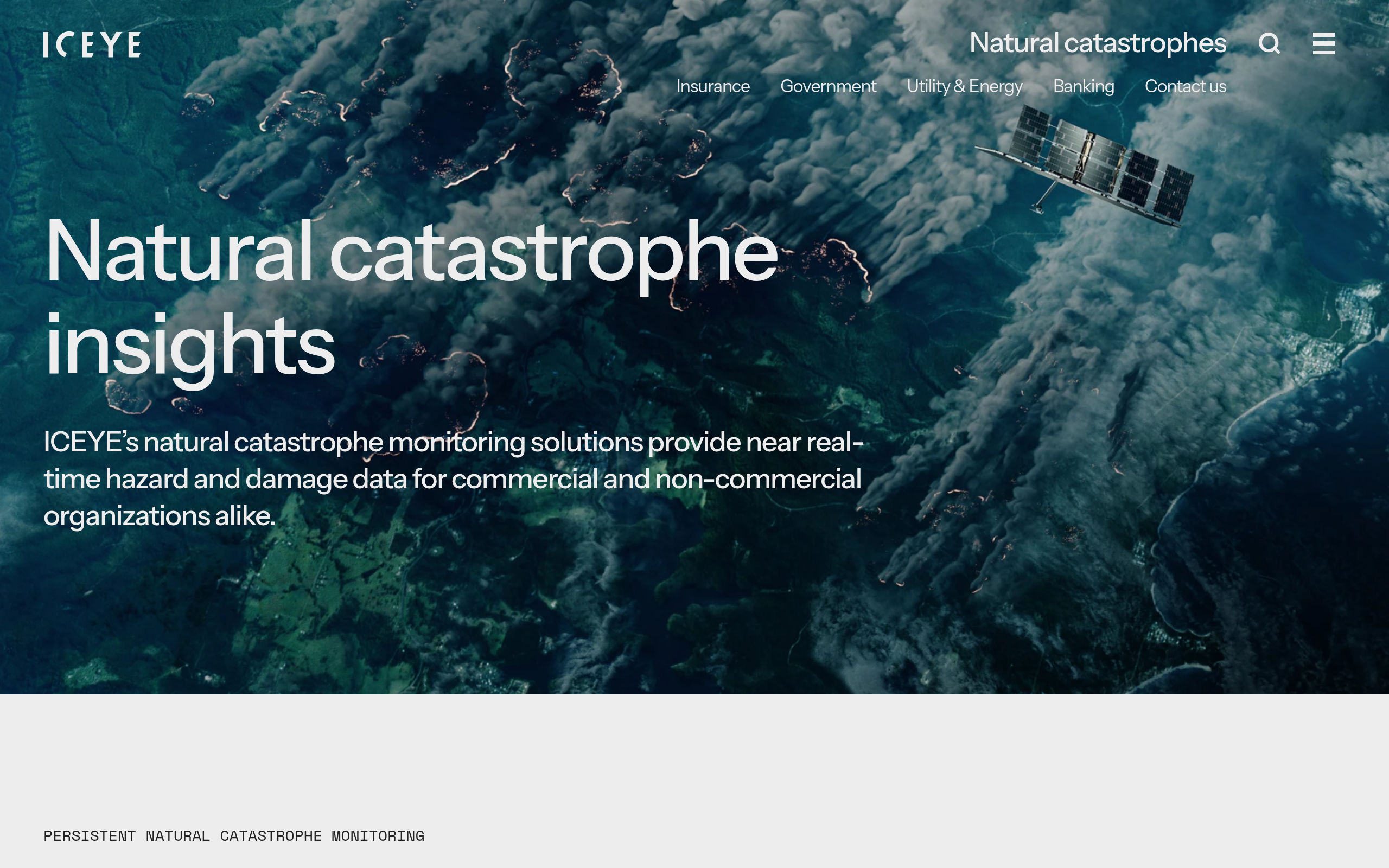 ICEYE natural catastrophe insights page with flood, wildfire and hurricane monitoring solutions