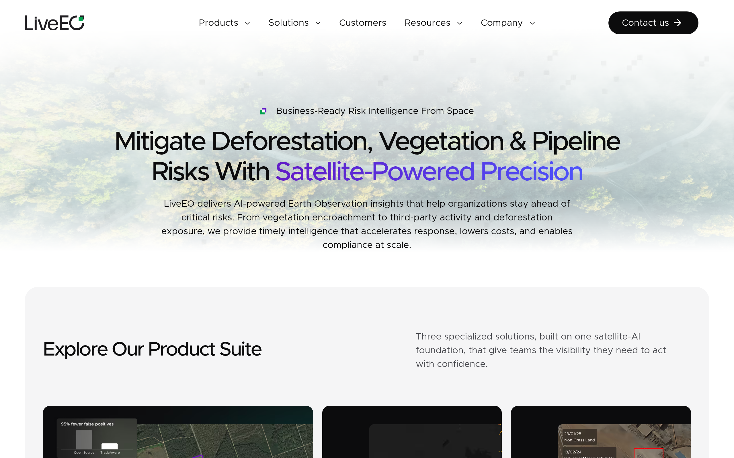 LiveEO homepage for satellite-based infrastructure and vegetation monitoring