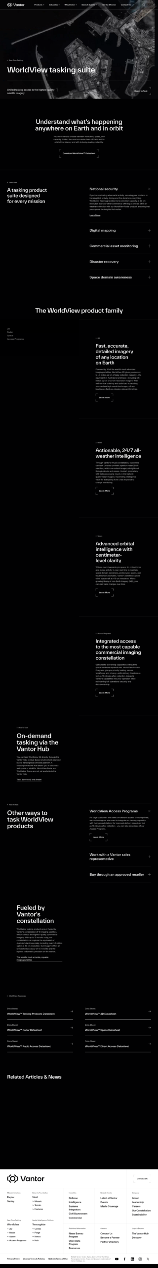 Vantor WorldView tasking suite page showing real-time satellite tasking and the WorldView product family