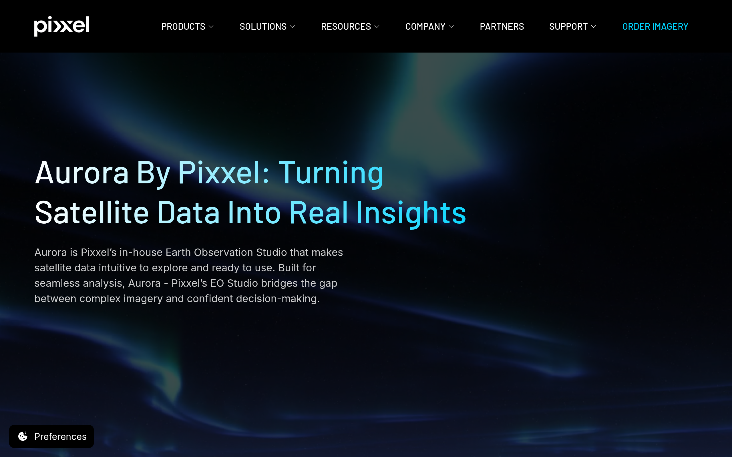 Pixxel Aurora platform page, turning satellite data into real insights with hyperspectral analysis tools