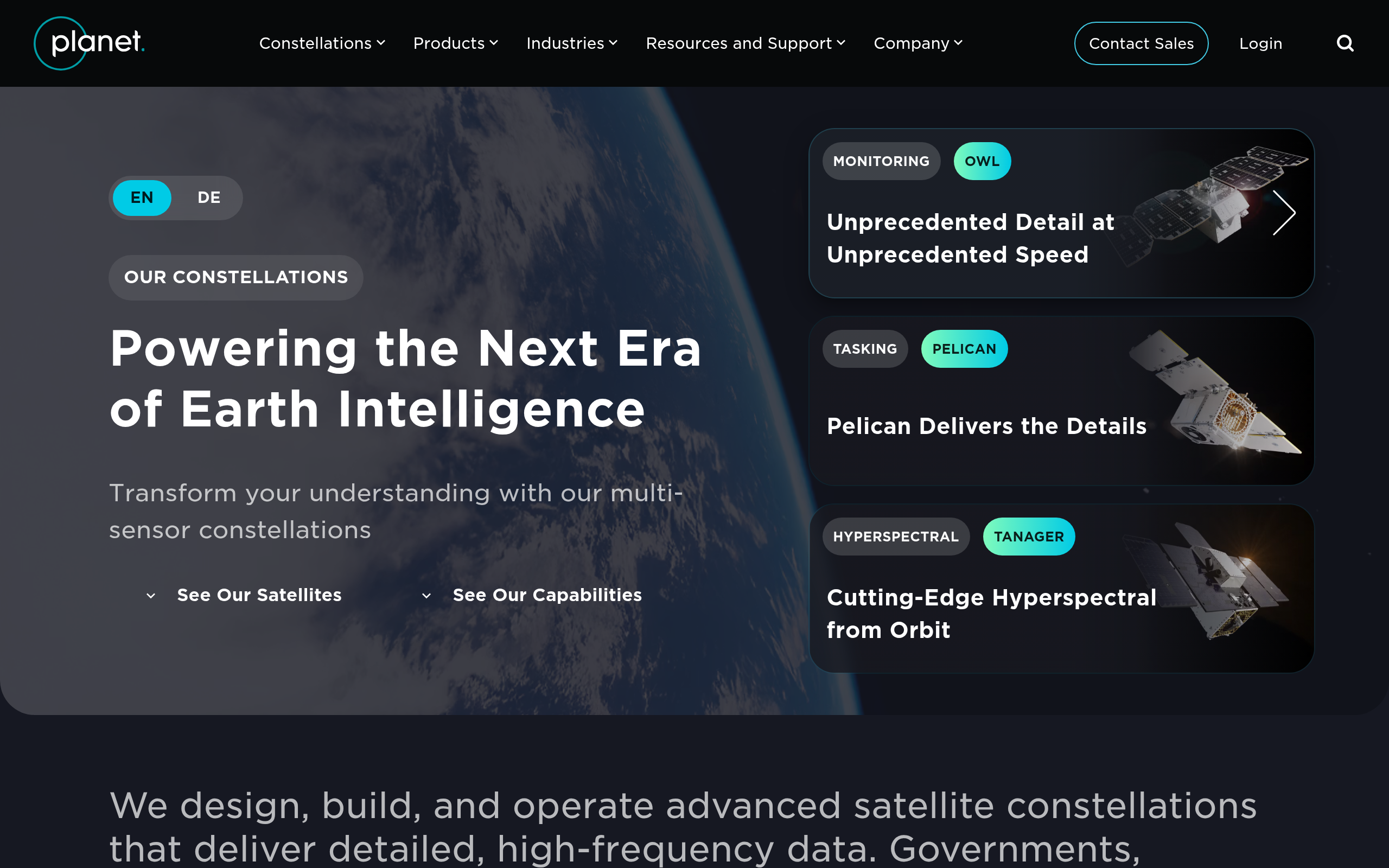 Planet Labs satellite constellations: PlanetScope monitoring, Pelican tasking, and Tanager hyperspectral
