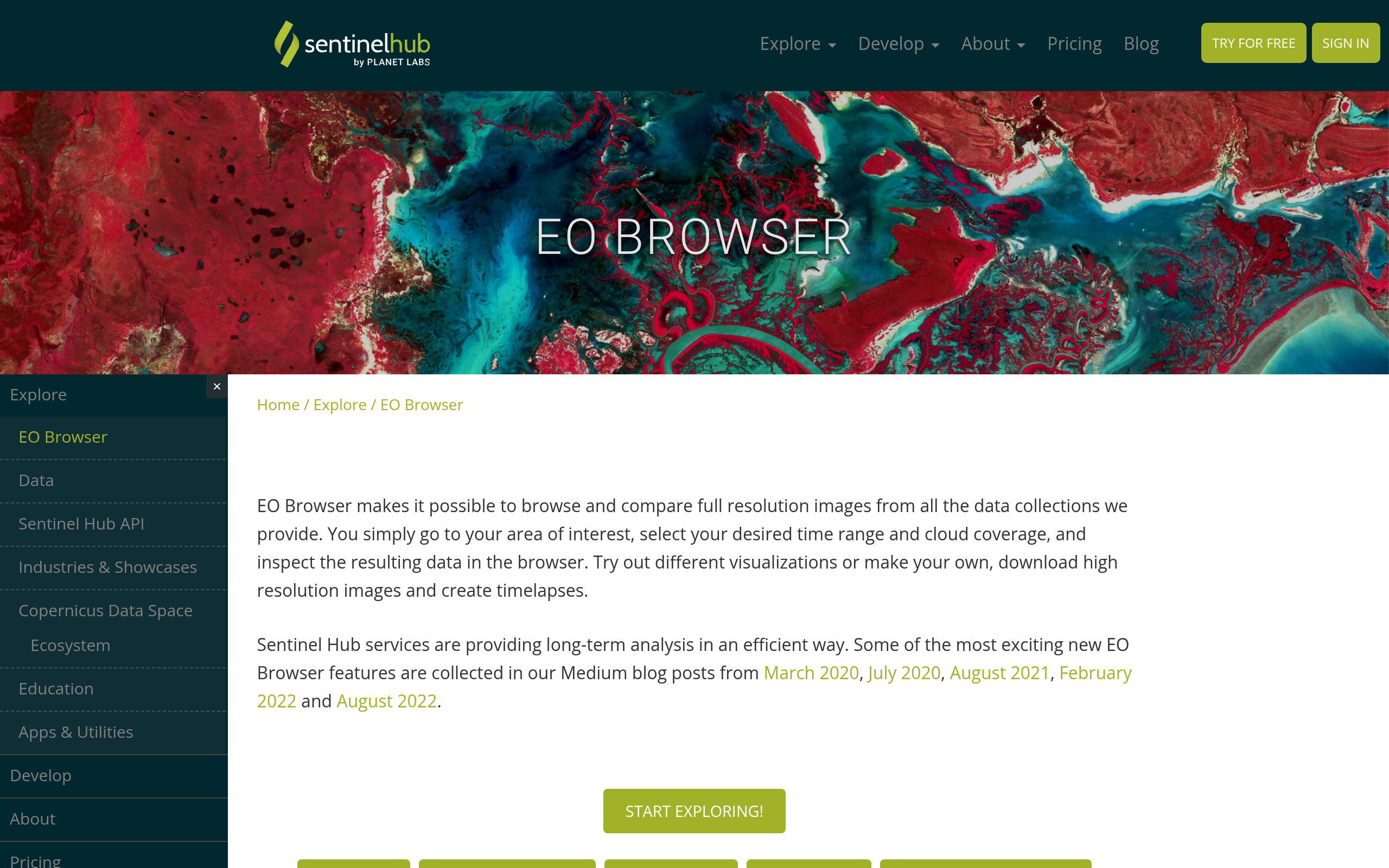 Sentinel Hub EO Browser page with satellite imagery visualization and time-series analysis features