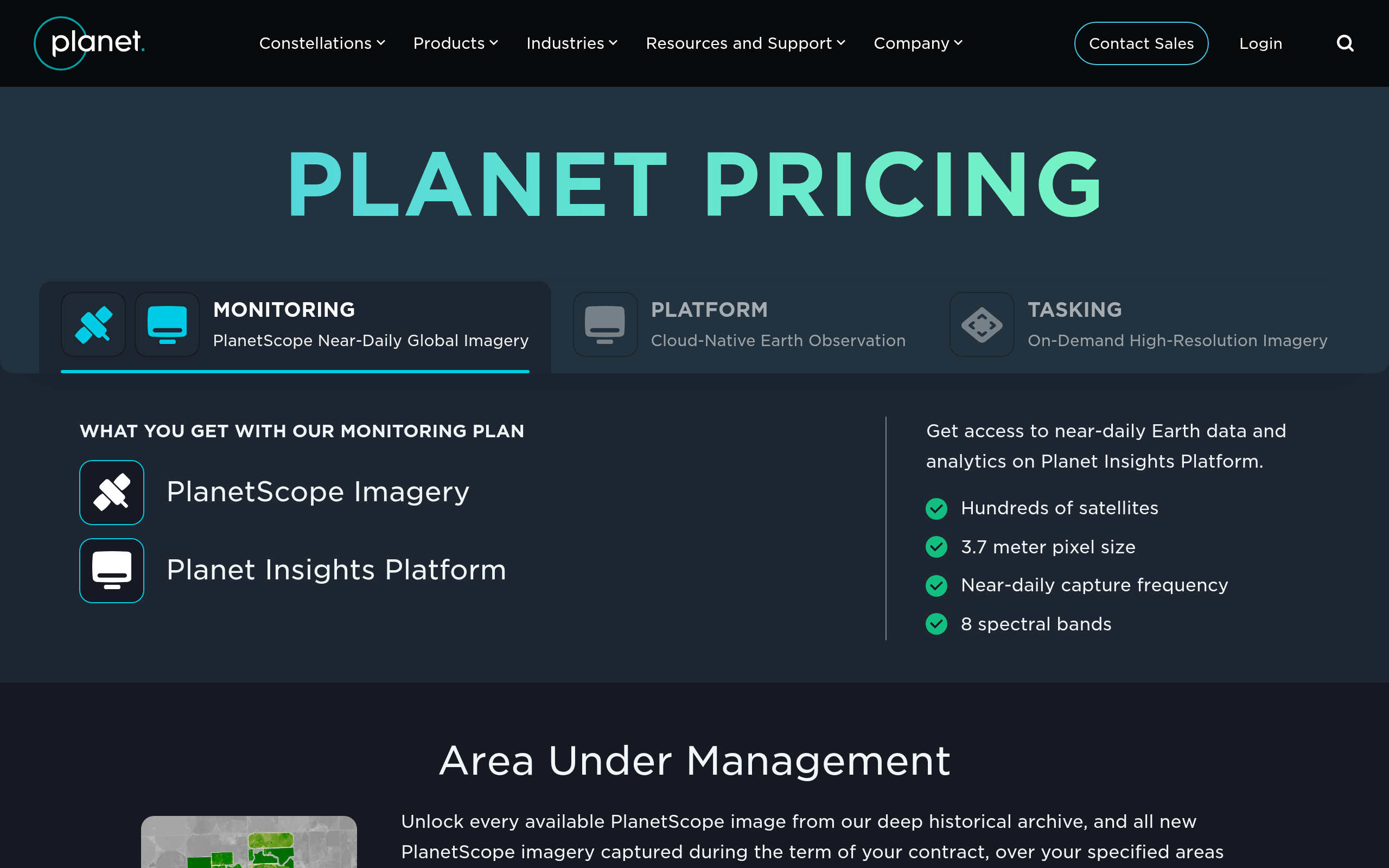 Planet Insights Platform pricing page showing Sentinel Hub subscription tiers for monitoring and cloud-native earth observation