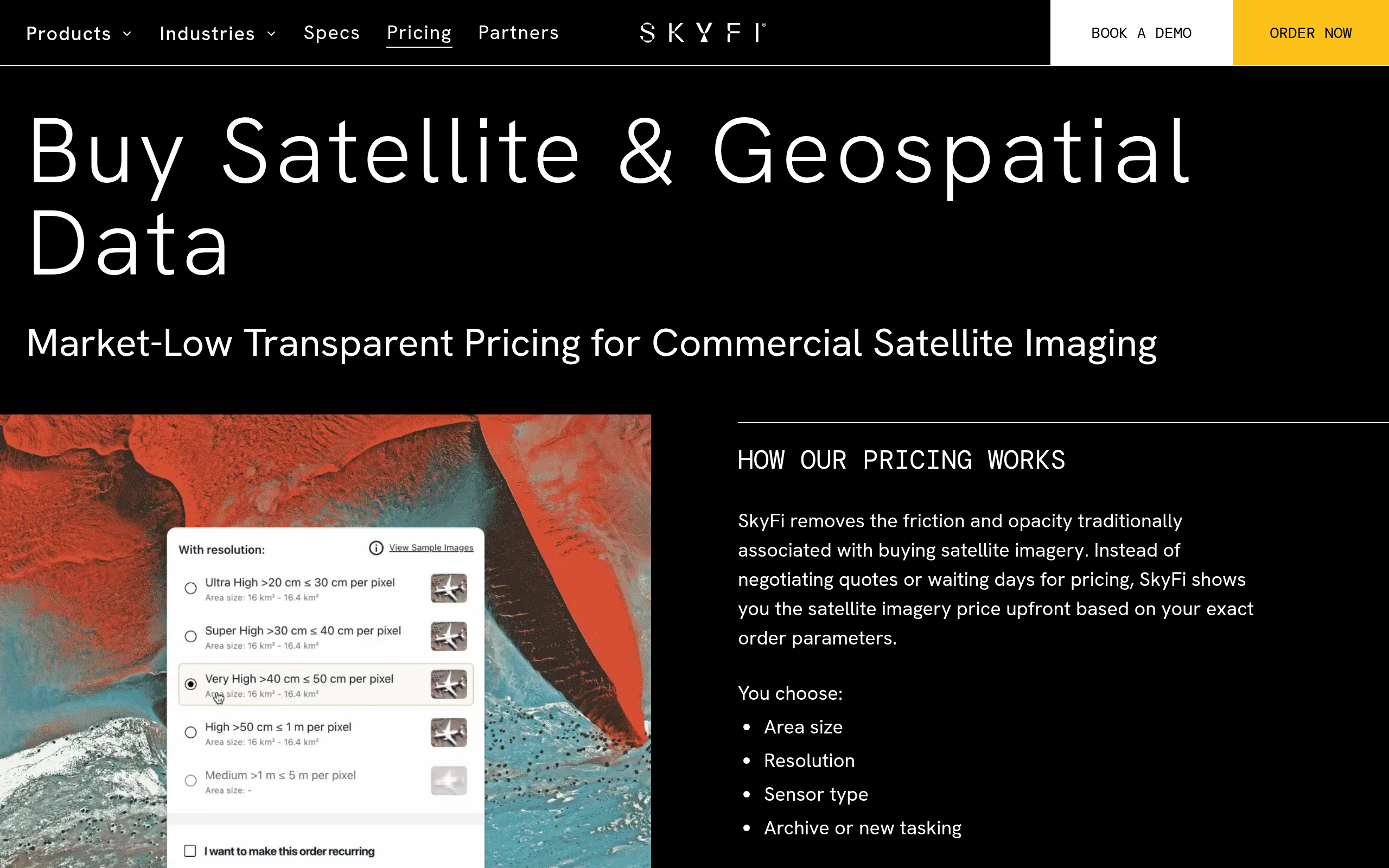 SkyFi transparent per-image satellite imagery pricing with resolution selector