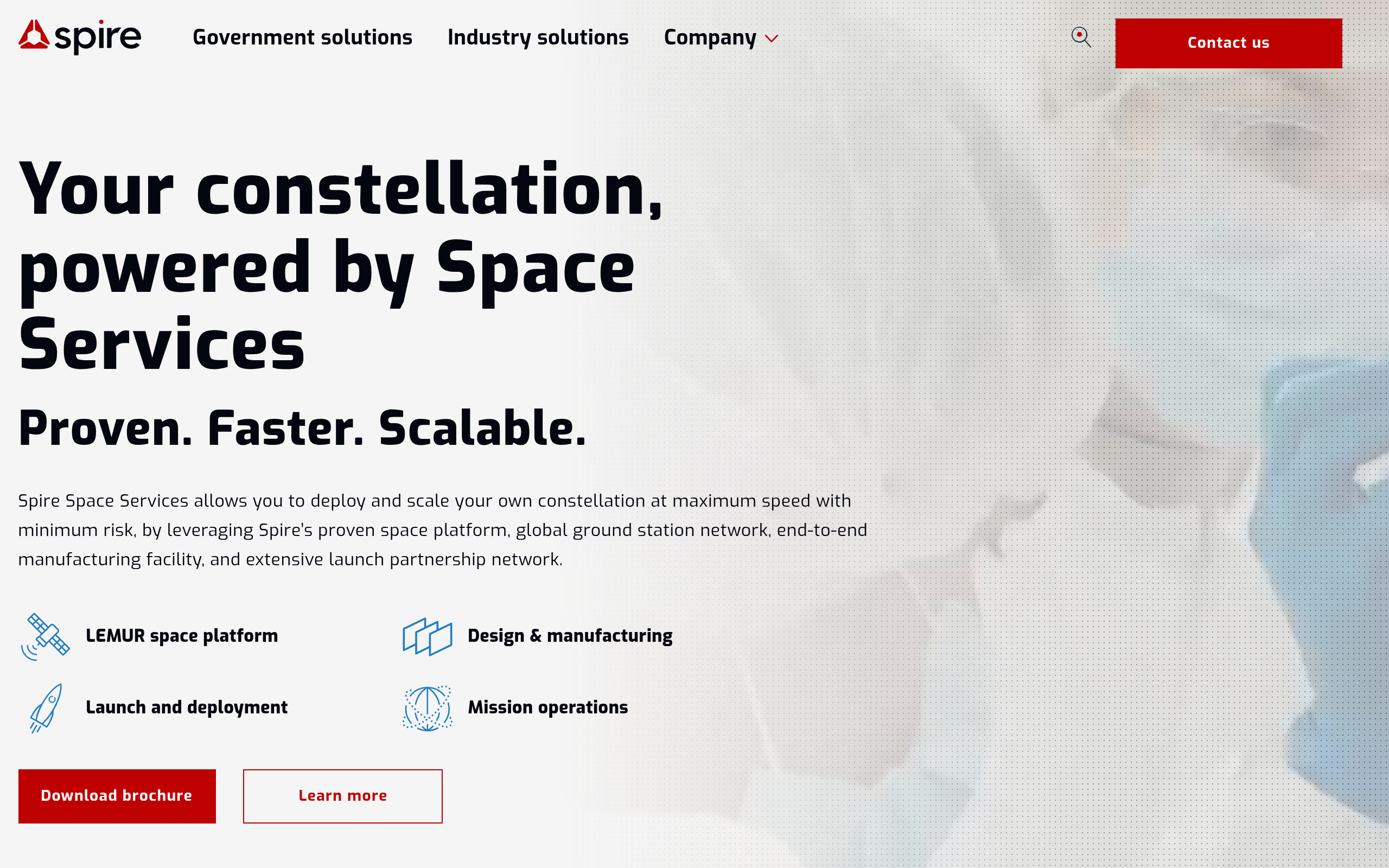 Spire Global Space Services page showing LEMUR constellation build, launch and operate platform