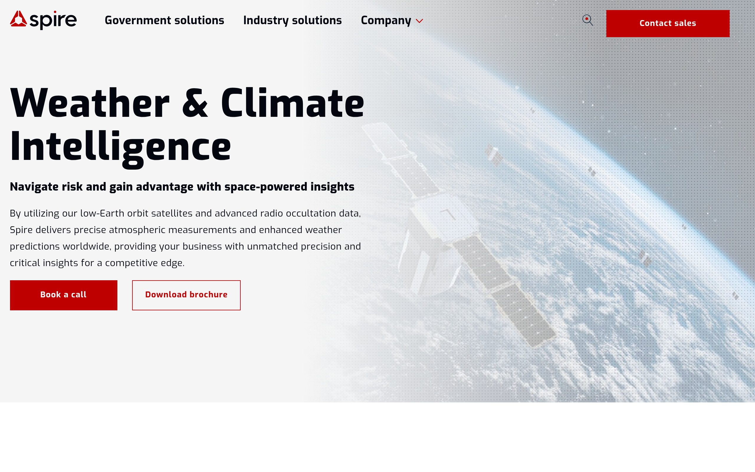 Spire Global Weather and Climate Intelligence page showing GNSS radio occultation satellite data products