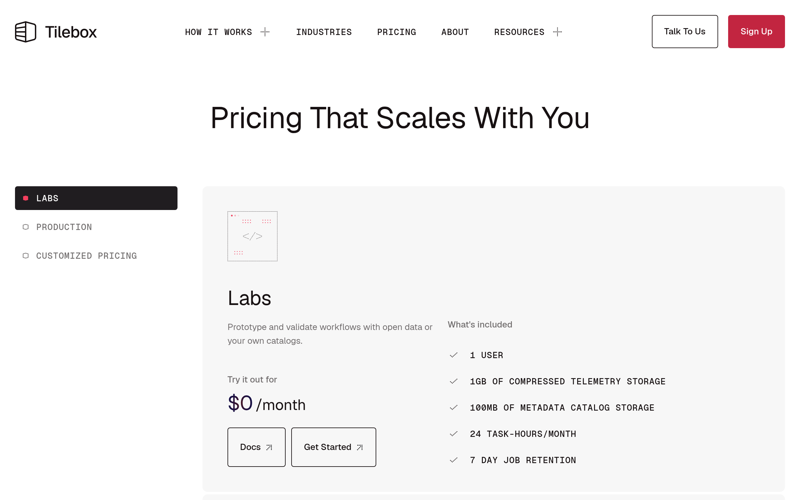 Tilebox pricing tiers including a free Labs tier for geospatial data workflows