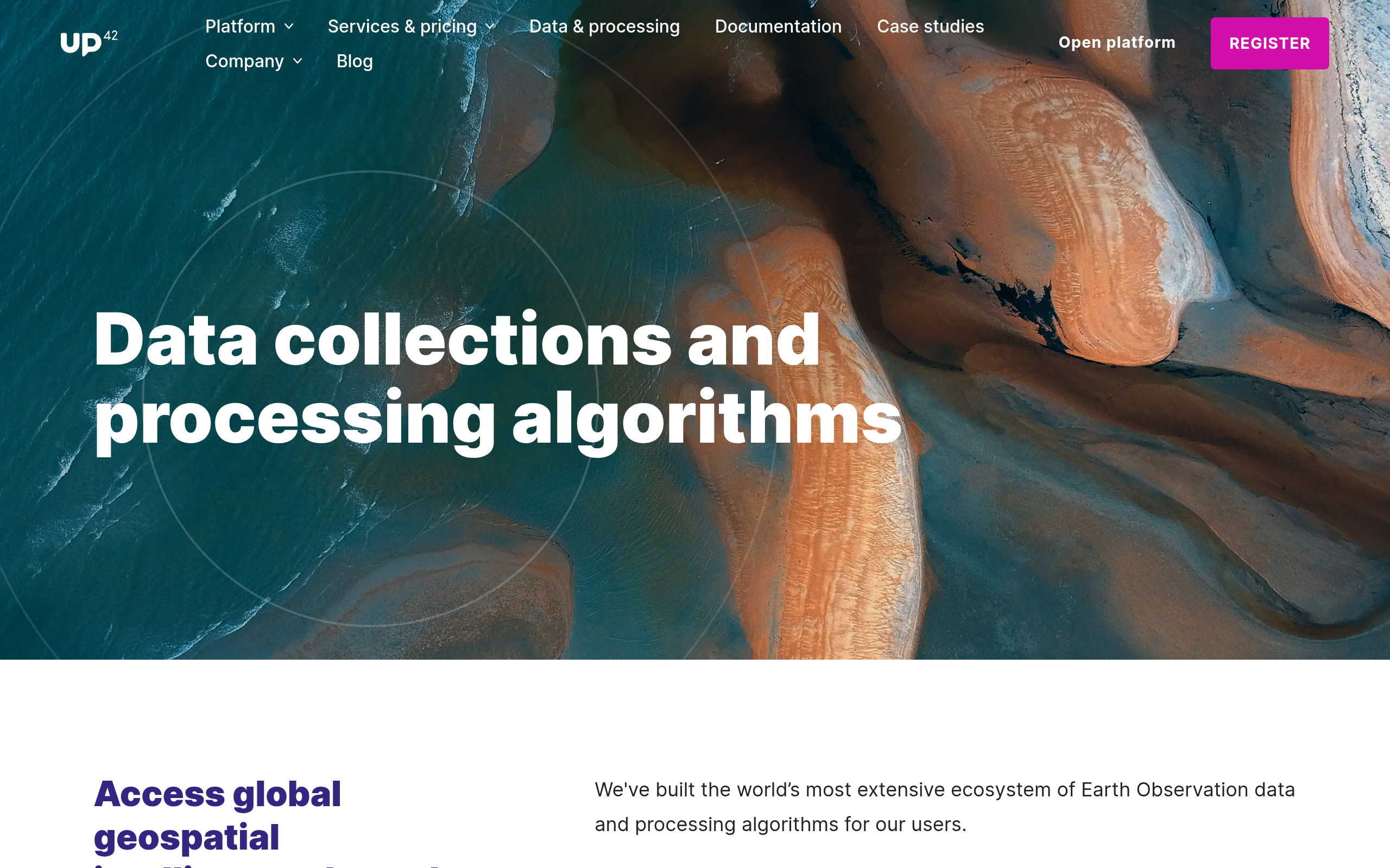 UP42 data collections and processing algorithms page covering optical, SAR, hyperspectral, aerial, and elevation datasets