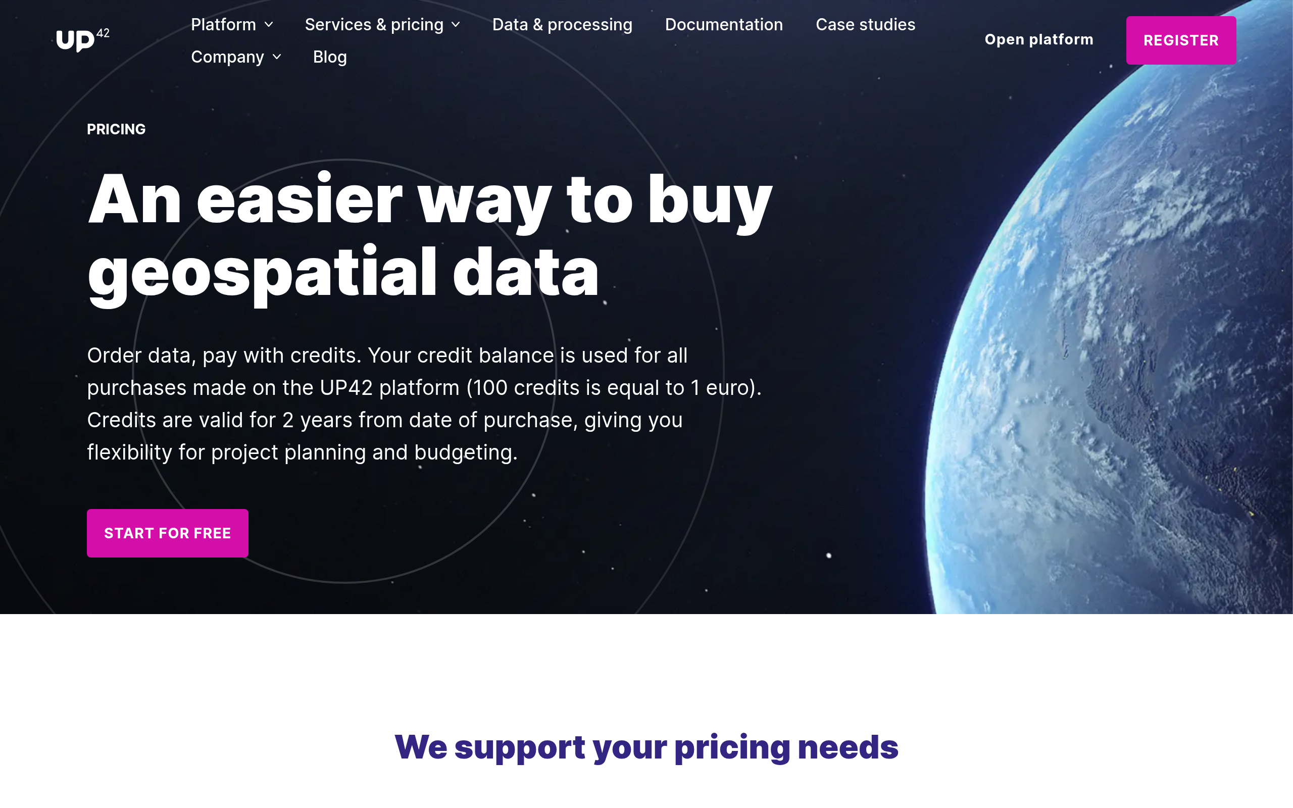UP42 pricing page with credit-based model, 100 credits equal to 1 euro for geospatial data purchases