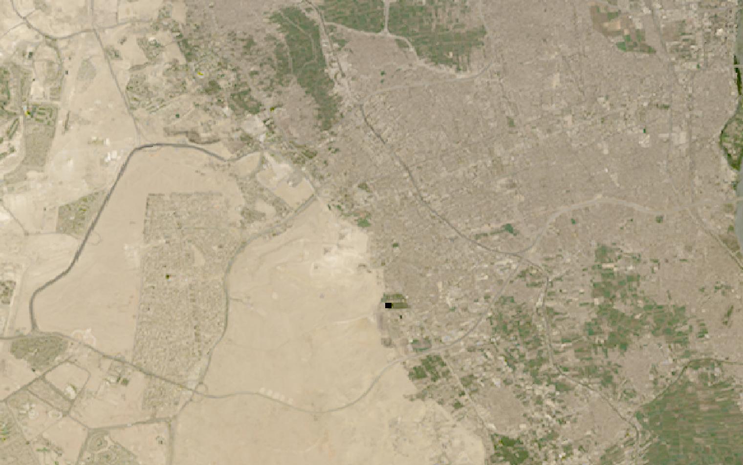 Landsat satellite image of the Giza plateau where the western desert meets the cultivated Nile valley and Cairo