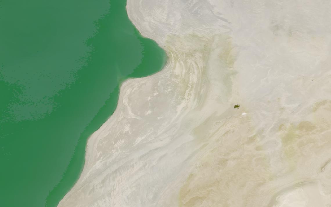 Landsat satellite image of the Aral Sea shoreline, with remaining water beside the dried lakebed and its former shorelines