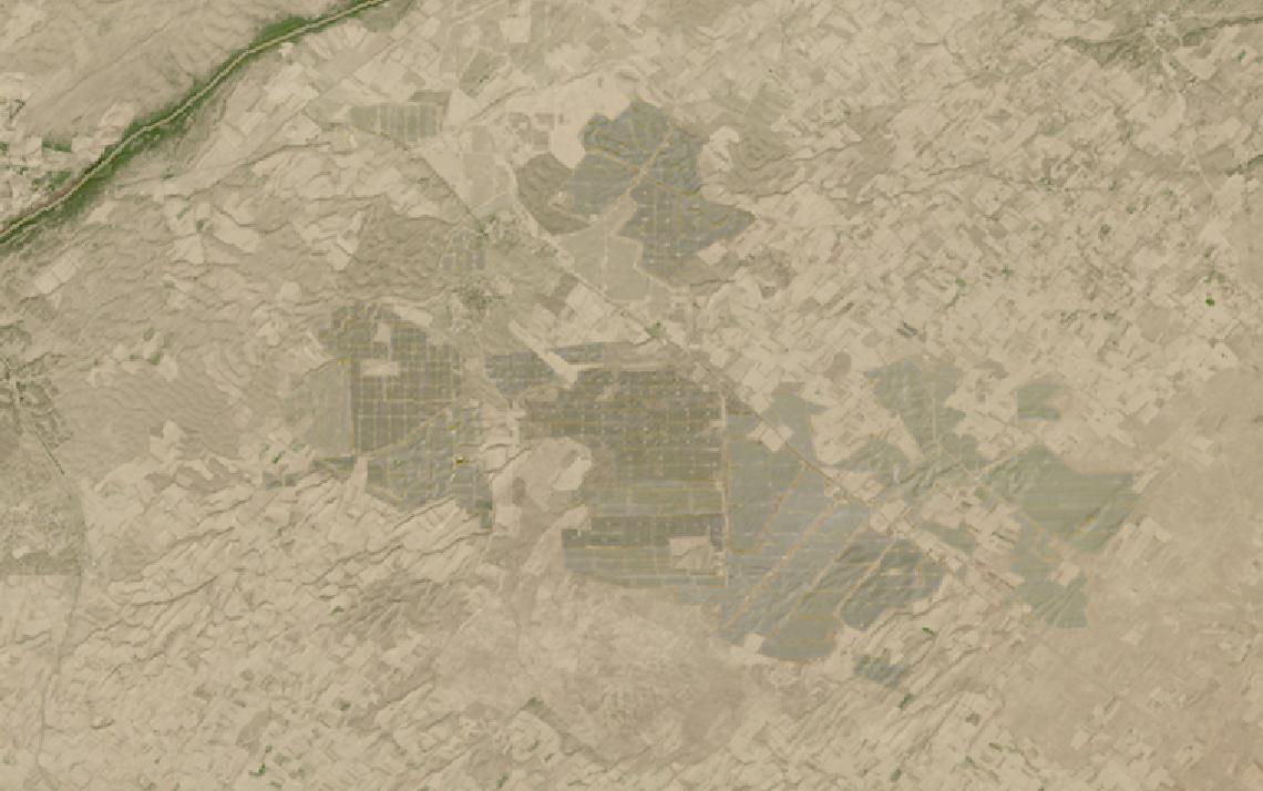 Landsat satellite image of solar photovoltaic arrays at Bhadla Solar Park in the Thar Desert, Rajasthan
