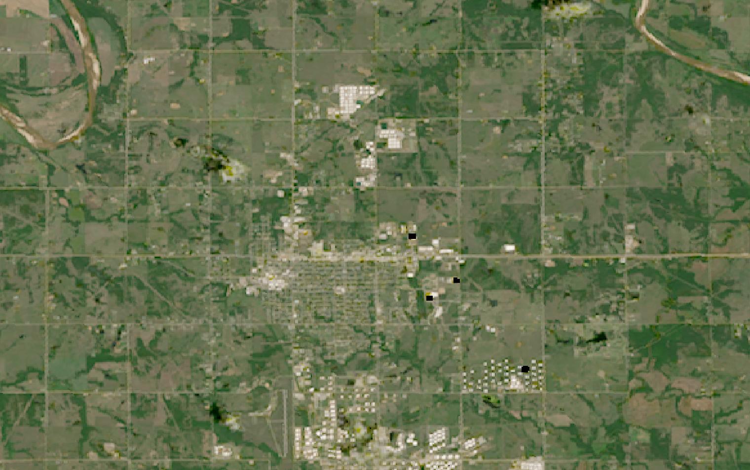 Landsat satellite image of the crude oil storage tank farms surrounding Cushing, Oklahoma