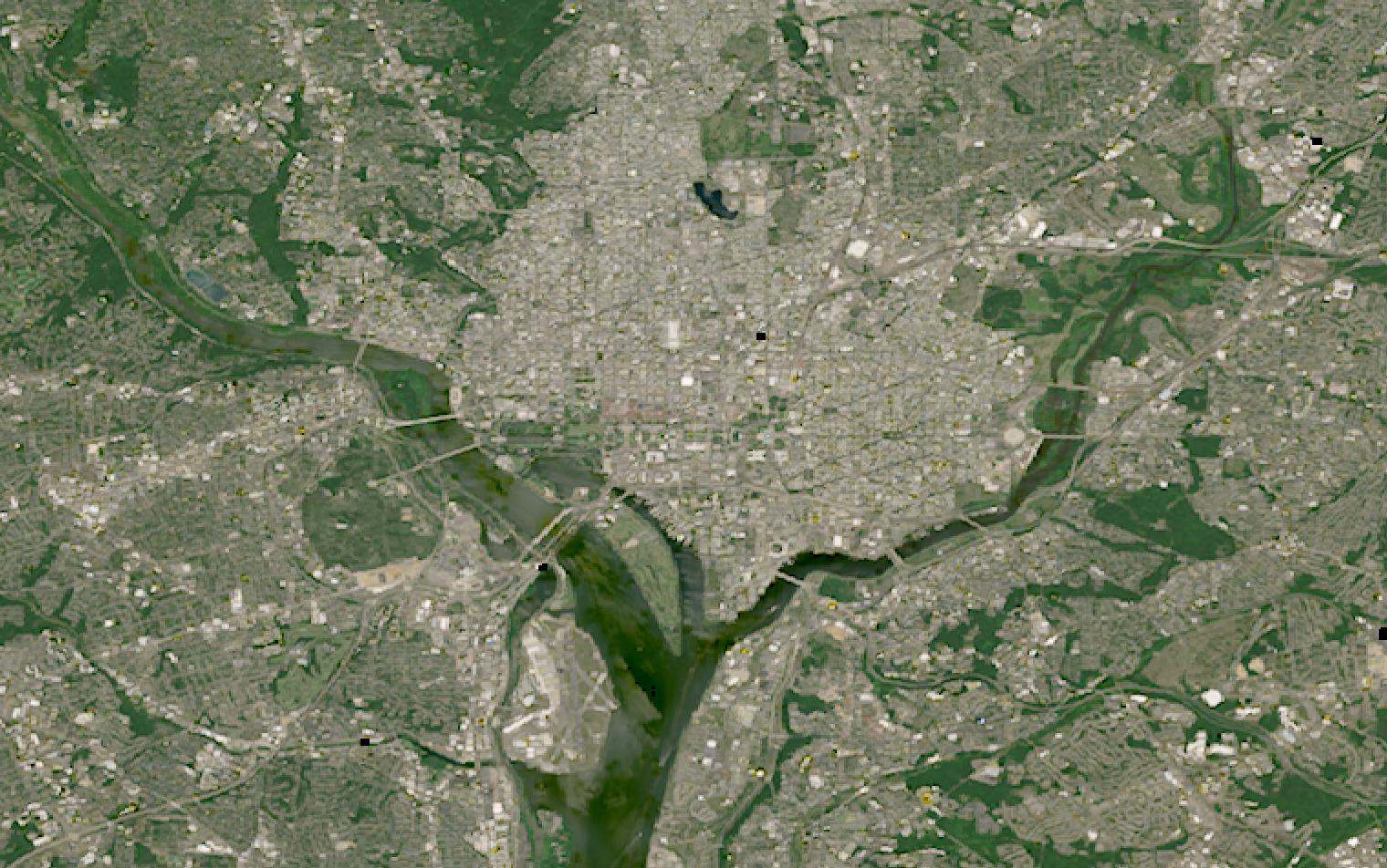Landsat satellite image of Washington DC with the Potomac and Anacostia rivers and the National Mall