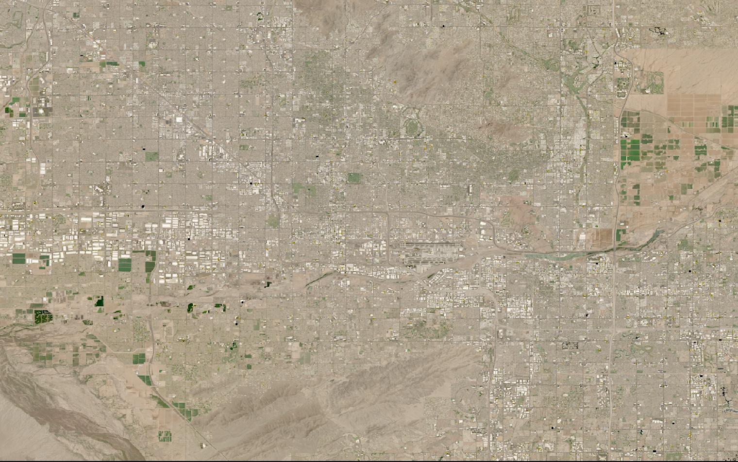 Landsat satellite image of the Phoenix metropolitan area, Arizona, showing dense built-up surfaces against surrounding desert