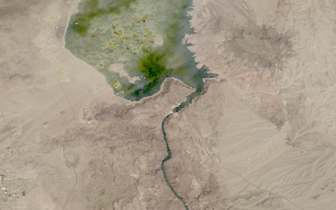 Landsat satellite image of Lake Mead narrowing into Black Canyon at Hoover Dam on the Colorado River