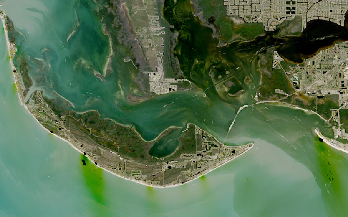 Landsat satellite image of barrier islands and coastal development at Sanibel and Fort Myers Beach, Florida