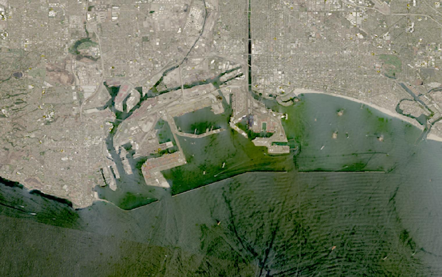 Landsat satellite image of the Port of Los Angeles and Port of Long Beach container terminals and breakwaters