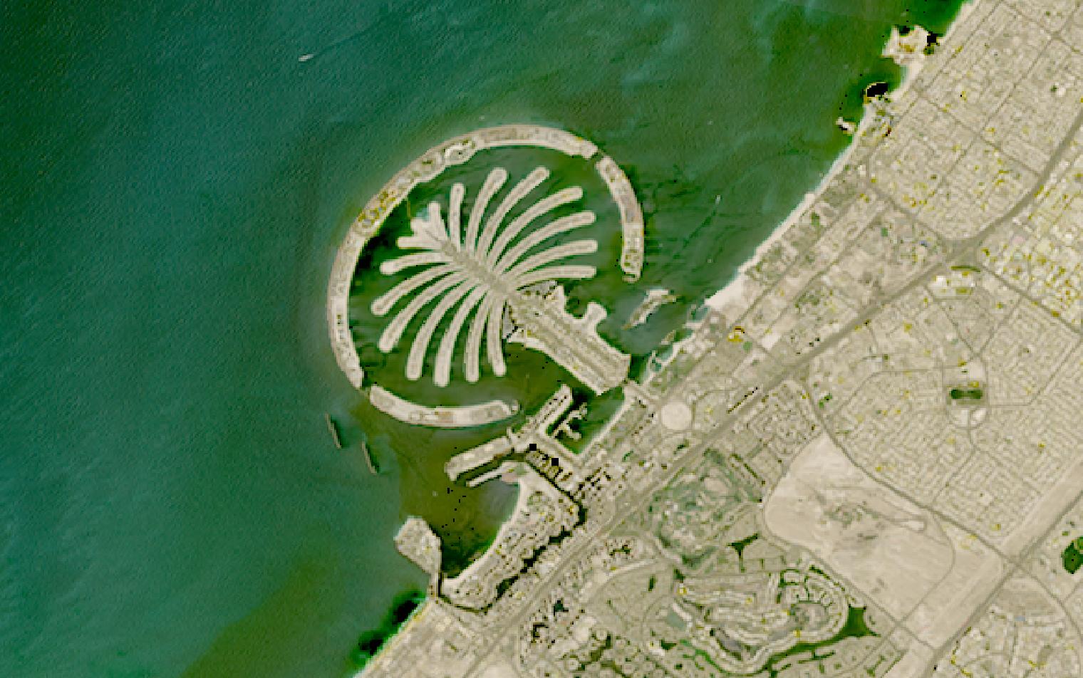 Landsat satellite image of Palm Jumeirah, the artificial palm-shaped island development in Dubai